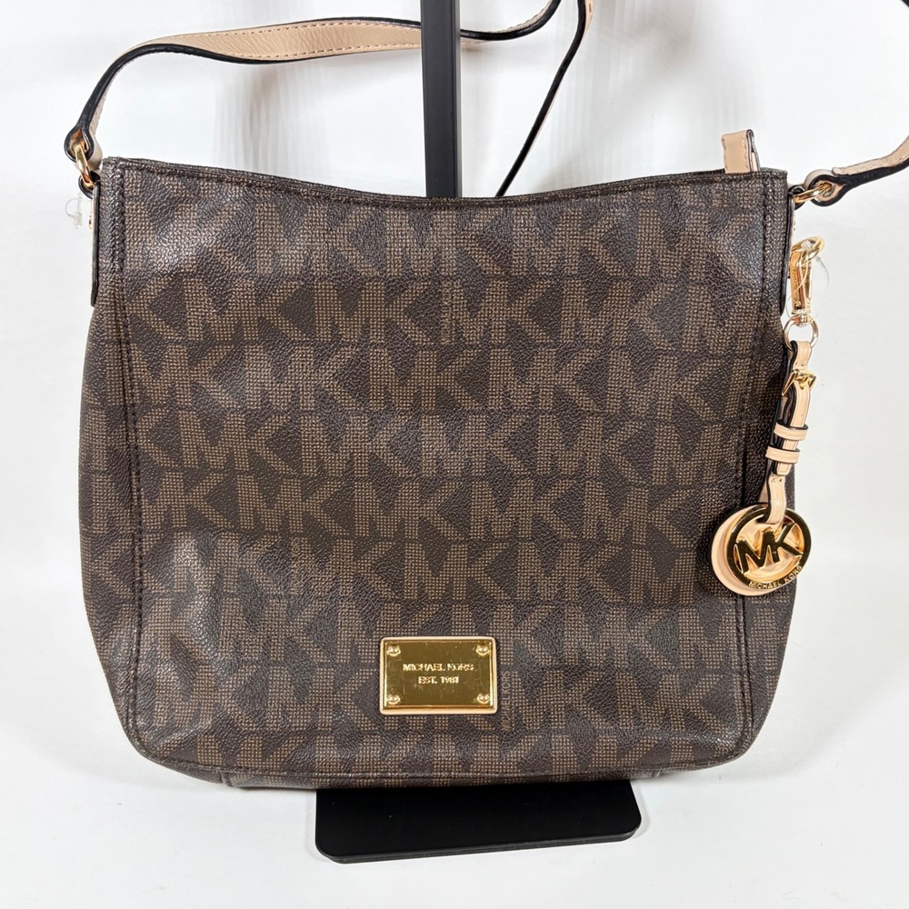 Michael Kors Jet Set Travel‎ Large Messenger Bag Brown Monogram Gold Charm